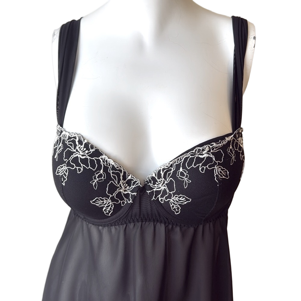 Inner Secret Black Sheer Embroidered Babydoll Gown Large - Picture 2 of 6